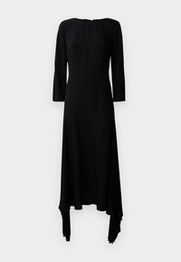 Long black dress with three-quarter sleeves, featuring asymmetrical folding at the hem and a subtle textured pattern. Elegant and stylish design.