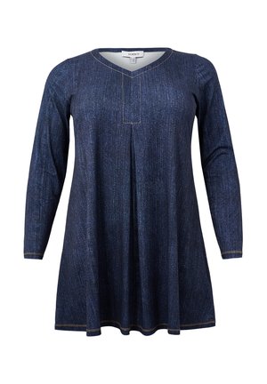 Denim tuniekjurk in donkerblauw, met lange mouwen, V-hals, subtiele verticale textuur en contrasterende gele stikseldetails.