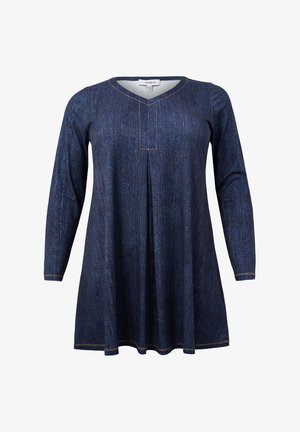 Denim tunika kjole i mørkeblå, med lange ærmer, V-hals, subtil lodret tekstur og kontrasterende gule syninger.