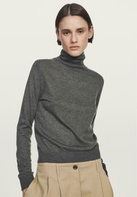 Maglione grigio a collo alto con maniche lunghe, realizzato in materiale morbido. Presenta polsini e orlo aderenti, indossato con pantaloni beige a vita alta.