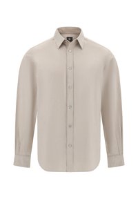 Camisa de botones de manga larga en tela beige clara, con cuello clásico, botones en el frente y dobladillo recto. Textura suave, sin patrones.