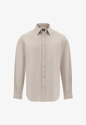 Ilga rankovė mygtukų marškinėliai šviesiai smėlio spalvos audinyje, su klasikiniais apykaklėmis, priekiniais mygtukais ir tiesiu apvaduku. Lygi tekstūra, be raštų.