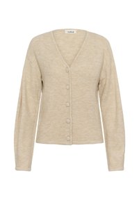 Beige neulecardigan, jossa on V-pääntie, napit edessä ja pitkät hihat. Kankaan pinta on pehmeä ja siinä on hillitty melange-kuvio.