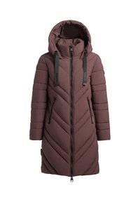 Smeđa podstavljena jakna s kapuljačom, s dijagonalnim quilted uzorkom, prednjim zatvaračem i bočnim džepovima. Opremljena podesivim vezicama.