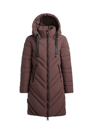 Brown padded coat with a hood, featuring diagonal quilted pattern, front zipper, and side pockets. Accented with adjustable drawstrings.