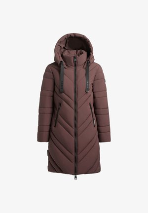 Brązowy ocieplany płaszcz z kapturem, featuring diagonalny wzór pikowania, zamek błyskawiczny z przodu oraz boczne kieszenie. Z wyróżniającymi się regulowanymi sznureczkami.