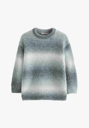 Strickpullover mit einem Farbverlaufsmuster, das von Dunkelgrau zu Hellgrau übergeht, mit einem runden Ausschnitt und gerippten Bündchen.