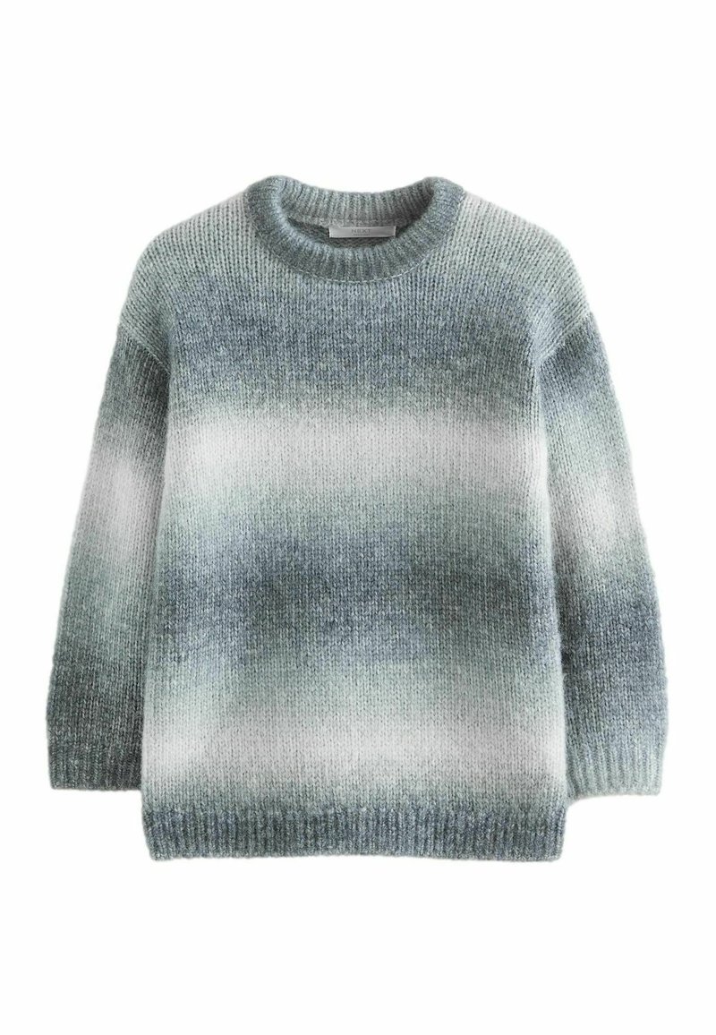 Sweter dzianinowy z gradientowym wzorem przechodzącym od ciemnoszarego do jasnoszarego, z okrągłym dekoltem i ściągaczami.