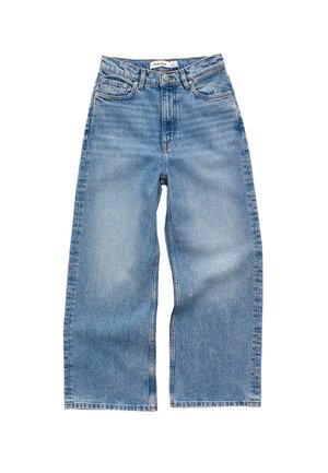 Lysblå denim brede bukser med høj talje, fem lomme-design, knaplukning og falmede detaljer på stoffet.