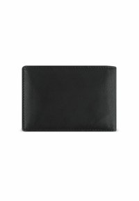 Black leather wallet with a textured surface, rectangular shape, and rounded edges. Minimal design with contrasting stitching visible.