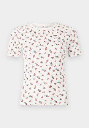 T-shirt blanc à manches courtes en tissu côtelé avec un petit motif floral rose et vert, col rond.
