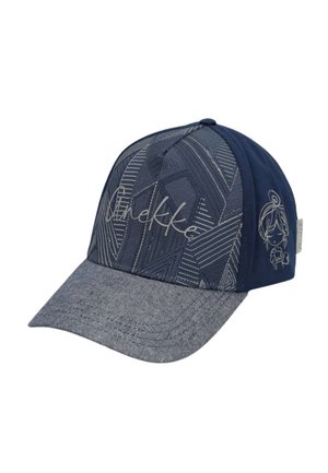 Cappellino blu e grigio con motivi geometrici, scritta "Nekke" davanti e una piccola illustrazione di una bambina dei cartoni animati sul pannello laterale.