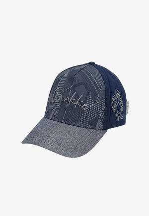 Cappellino blu e grigio con motivi geometrici, scritta "Nekke" davanti e una piccola illustrazione di una bambina dei cartoni animati sul pannello laterale.