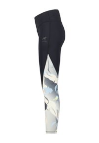 Leggings neri a vita alta con un motivo floreale in tonalità di blu e grigio lungo la parte inferiore della gamba, realizzati in tessuto elasticizzato.