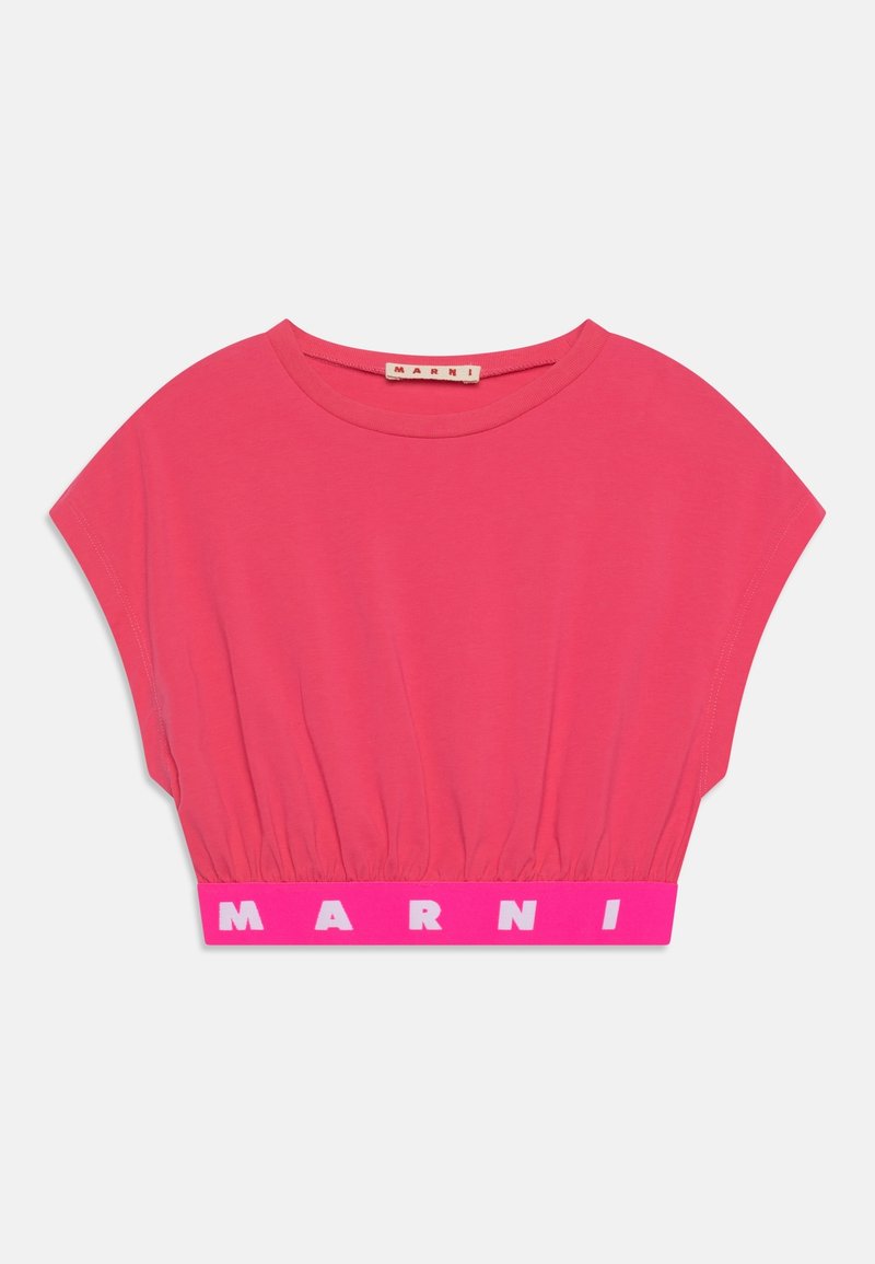 T-shirt corta rosa con maniche corte larghe, fondo arricciato e fascia elastica a contrasto con il logo 'MARNI' in bianco. Tessuto dalla trama liscia.