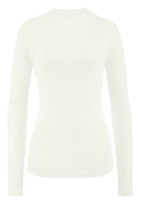 Långärmad, figurnära topp i vitt ribbat tyg. Hög halsringning, slät textur och utan synliga mönster eller utsmyckningar.