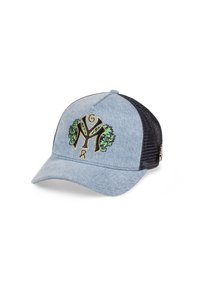 Denim-Basketballmütze mit schwarzem Mesh-Rücken, ausgestattet mit einem grün-goldenen gestickten Logo auf der blauen Vorderseite und einem gebogenen Schirm.