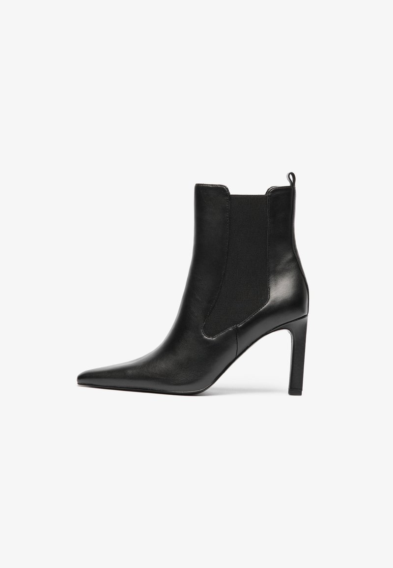 Black leather ankle boot featuring a pointed toe, elastic side panels, and a stiletto heel. Smooth texture with minimal detailing.