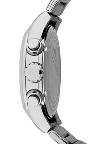 Montre en acier inoxydable avec un boîtier en argent poli, trois boutons poussoirs et un cadran noir rond visible au dos, avec un logo gravé.