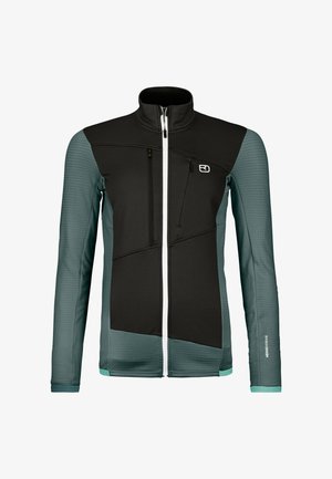 Black and teal jacket with a high collar, zippered pockets, textured sleeves, and a distinctive geometric design. Features white zippers.