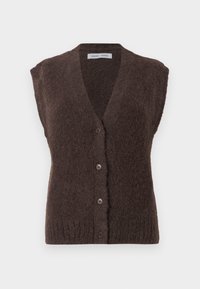 Brązowa, puszysta, bezrękawnikowa kamizelka dzianinowa z dekoltem w serek i czterema guzikami z przodu, oznaczona marką Samsøe Samsøe.