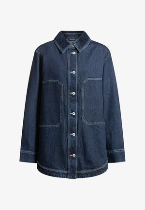 Dark blue denim jacket with a pointed collar, five buttons, two large patch pockets, and white stitching accents. Relaxed fit and long sleeves.