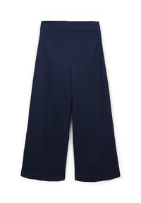 Pantaloni a gamba larga di colore blu navy, a vita alta e senza tasche o chiusure visibili.