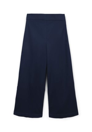 Pantaloni a gamba larga di colore blu navy, a vita alta e senza tasche o chiusure visibili.