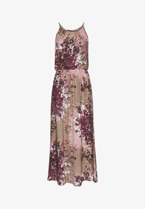 Florale maxidress in aardetinten, met een aansluitend lijfje, elastische tailleband en een vloeiende rok met roze en bordeauxrode bloemenpatronen.