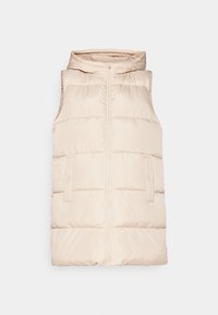 Béžová péřová vesta bez rukávů, s předním zipem, kapucí a dvěma bočními kapsami na patentky. Hladká, lesklá tkanina s prošívanou strukturou.