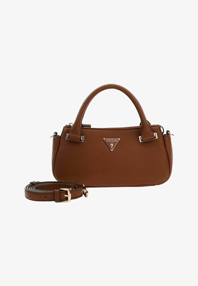 Sac à main en cuir marron avec deux poignées courtes, bandoulière réglable attachée, et détails en métal argenté. Présente un logo triangulaire à l'avant.