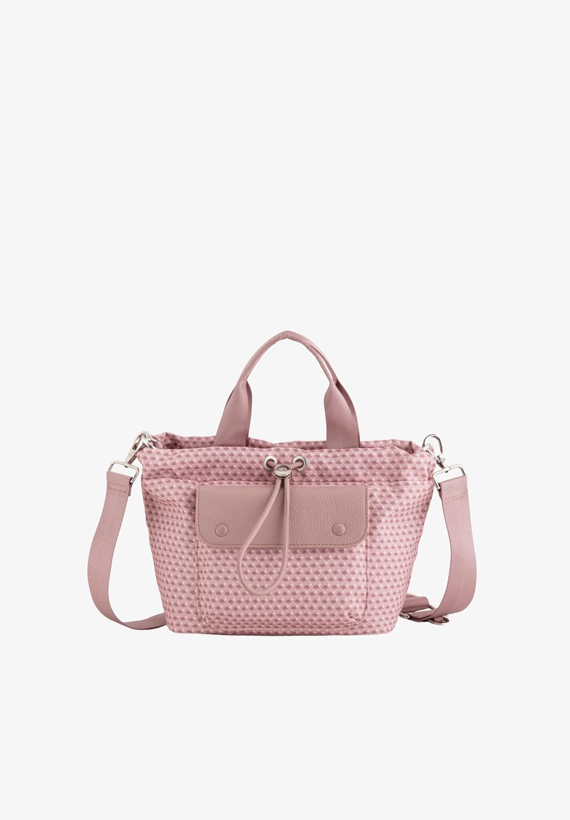 Geantă roz cu un model, realizată dintr-un material texturat, având două mânere superioare, un umăr detașabil și un buzunar frontal cu închidere prin clapetă.