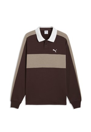 Langærmet brun og beige poloshirt med hvid krave og Puma-logo på venstre bryst.