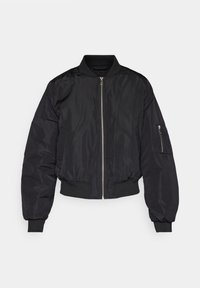 Czarna kurtka bomberka z nylonu, wyposażona w przedni zamek błyskawiczny, prążkowany kołnierz i mankiety oraz boczną kieszeń zapinaną na zamek.