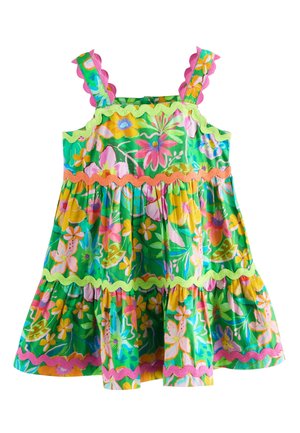 Robe sans manches pour tout-petit avec base vert vif, motif floral multicolore et détails de bordure en croquet rose, orange et vert.
