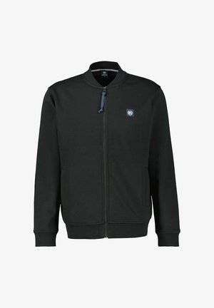 Sort zip-jakke lavet af en blanding af bomuld, med en ribbet krave, to sidelommer og et lille logo på brystet.