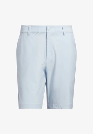 Světle modré šortky z hladké látky s knoflíkovým zapínáním, poutky na pásek a bočními kapsami. Design je střihově přizpůsobený s rovnou linií.