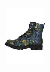Bottines noires à lacets avec un motif floral en jaune, bleu et vert, dotées d'une surface texturée et d'une semelle durable.