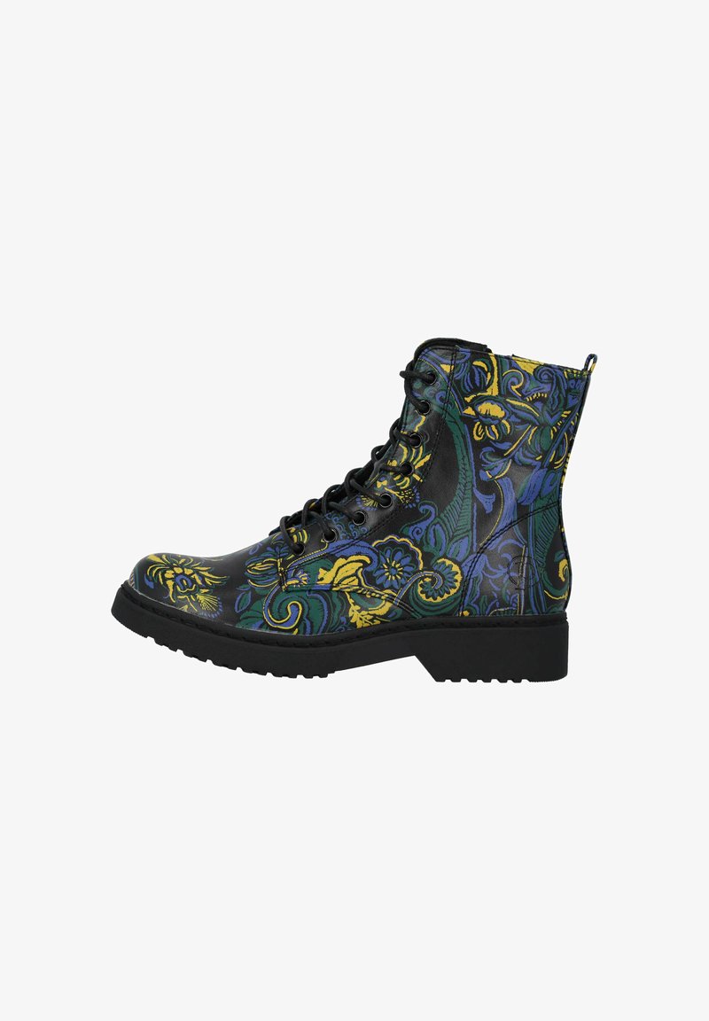 Botas de tobillo negras con cordones que presentan un patrón floral en amarillo, azul y verde, con una superficie texturizada y una suela duradera.