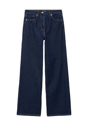 Jeans z denimu w ciemnoniebieskim kolorze o szerokim kroju. Cechy obejmują zapięcie na guzik, kieszenie z przodu oraz subtelne detale przeszycia.