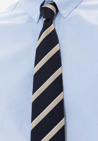 Corbata azul marino con franjas diagonales en crema y dorado, textura tejida. Llevada sobre una camisa de cuello azul claro. Nudo pulcro en el cuello.