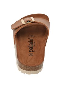 Bruine leren sandaal met een gespriem, kurken tussenzool en een geprofileerde voetbed, met het "palado" logo en maat 37.
