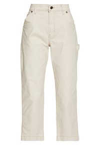 Béžové bavlněné pracovní kalhoty se rovnými nohavicemi, předními kapsami a boční kapsou. Mají zapínání na knoflík a kontrastní švy.