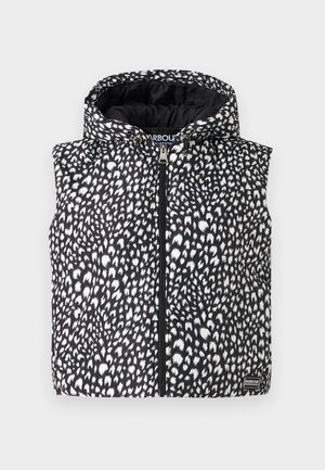 Schwarz-weiß gemusterte, ärmellose Weste mit Kapuze, Frontreißverschluss und Logo-Label am Saum. Das Material wirkt leicht und isolierend.