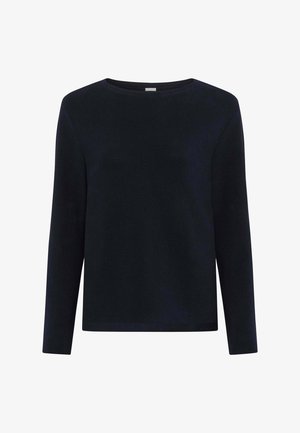 Schwarzer Pullover mit langem Ärmel, Rundhalsausschnitt und feiner horizontaler Rippenstruktur, geradem Saum und schlankem Schnitt.