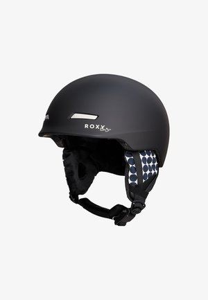 Casque de neige noir mat avec des accents blancs, coussinets d'oreilles en peluche ornés de pois, et sangle de menton réglable pour un ajustement sécurisé. Logo à l'avant.