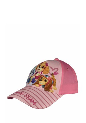 Pink children's cap featuring three animated puppies, a pink heart outline, striped brim, and the text "GAME TEAM" on the front.
