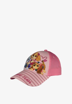 Cappellino rosa per bambini con tre cuccioli animati, contorno a cuore rosa, visiera a righe e la scritta "GAME TEAM" sul davanti.