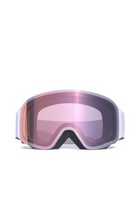 Snebryllup med hvid ramme, lyserødt tonet linse og et sort silikonegreb på næsebroen. Stroppe har en tekstureret overflade.