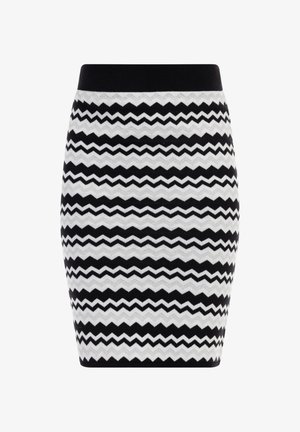 Strikpencilskørt med et zigzag-mønster i sort, hvid og grå. Elastisk linning; glat tekstur, skræddersyet facon.